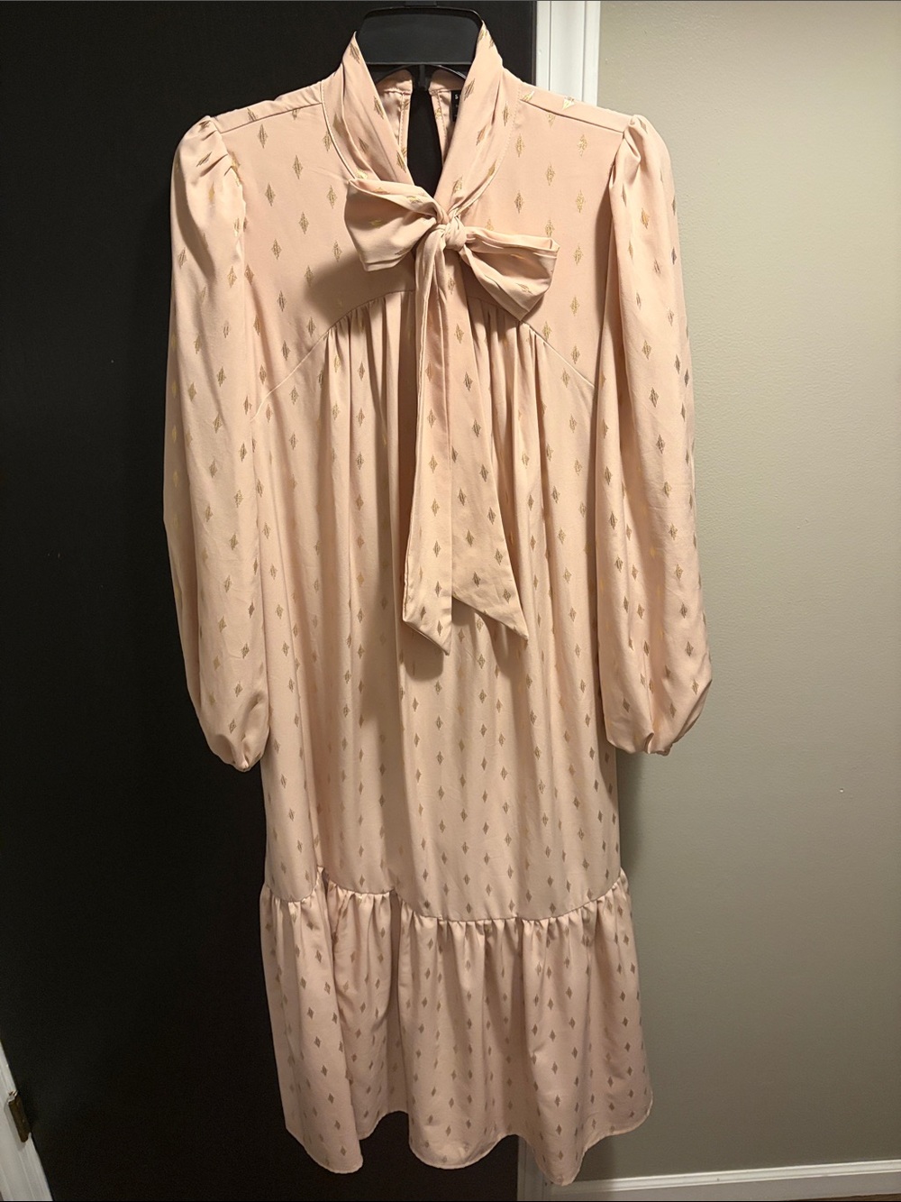 Blush Pink Tie-Neck Long Sleeve Midi Dress